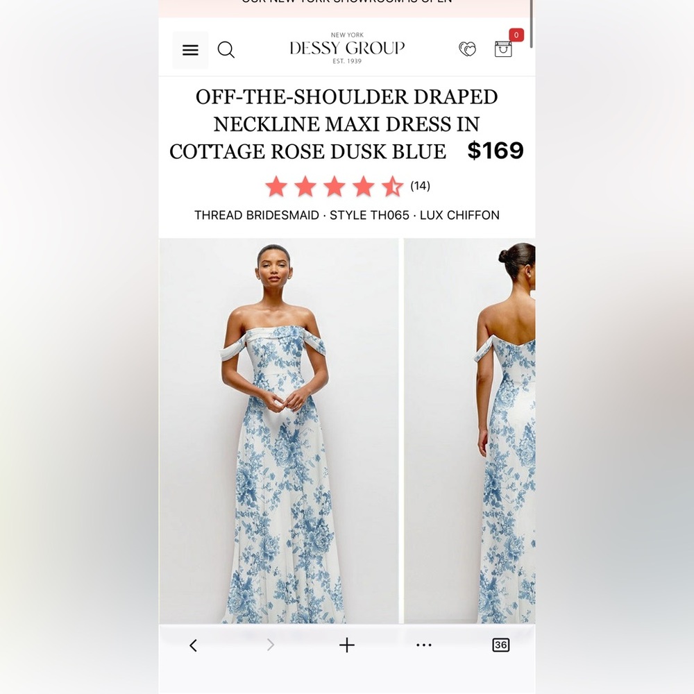 Dessy Group Off-the-Shoulder Draped Maxi Dress in Cottage Rose Dusk Blue